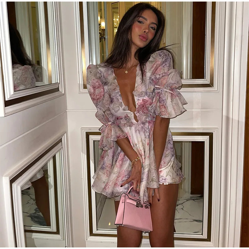 Donne Tie-dye 3D Fiore Con Scollo A V Completa Senza Maniche Mini Abiti Moda Sottile Stampato Multi Pieghettato Abiti New Lady Holiday Wear