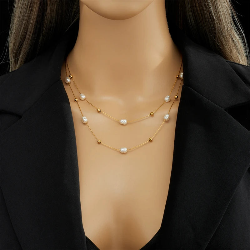 DIEYURO 316L Acciaio Inossidabile Doppio Strato di Perle 2in1 Catene Collana Per Le Donne di Nuovo Modo Delle Ragazze Girocollo Impermeabile Gioielli Regali