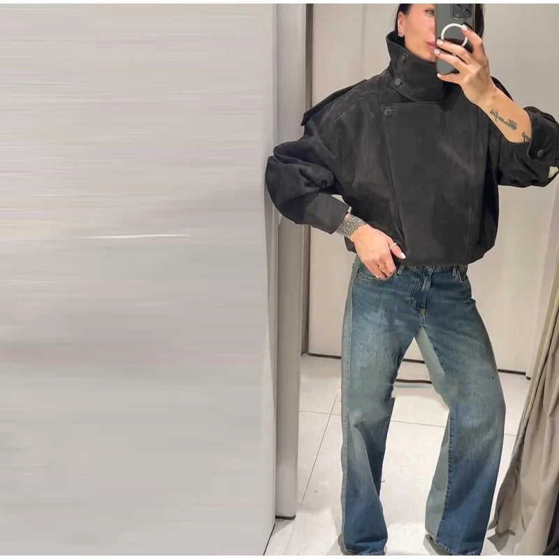 Giacca bomber da donna in camoscio grigio scuro, con colletto alla coreana, maniche lunghe, oversize, asimmetrica, stile street, giacche da donna autunno 2026
