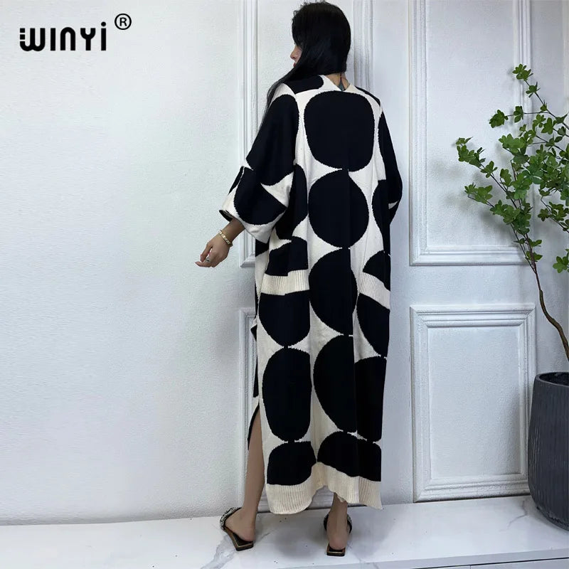 WINYI Abito Invernale da Donna, Stampa Retrò, Cappotto Lungo Caldo e Confortevole, Cardigan alla Moda, Abaya Invernale Mediorientale