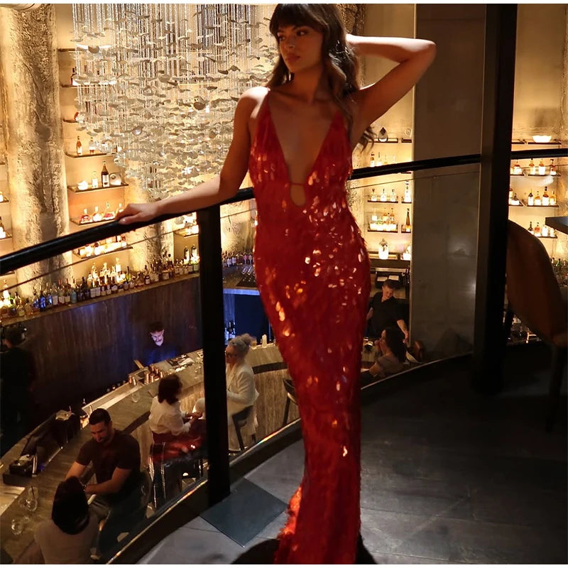 Abito lungo da donna con paillettes Abito lungo con scollo a V Solido Backless Vita alta Abiti senza maniche 2025 Moda Nuova estate Lady Party Robes