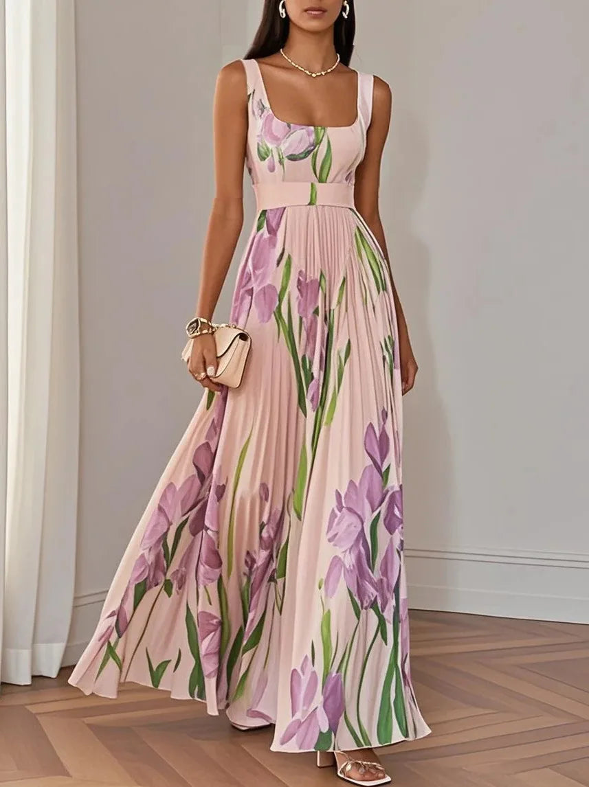 Abito lungo sexy con stampa floreale Donna Estate 2025 Abiti maxi con cinturino senza maniche alla moda eleganti
