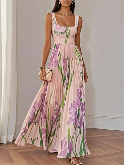 Abito lungo sexy con stampa floreale Donna Estate 2025 Abiti maxi con cinturino senza maniche alla moda eleganti