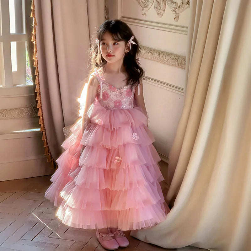 Mädchen Prinzessinnenkleider Ärmelloses bauschiges Kinder Süßes Tüllkleid Glänzendes Kuchen Rückenfreies Geburtstagsparty-Kleidung Kinder Ballkleid