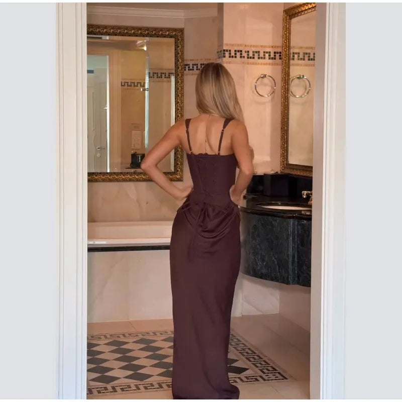 Elegante abito a pieghe con fionda Donna Collo quadrato senza maniche con spalle scoperte Vita stretta Abiti solidi 2025 Abiti da sera da donna