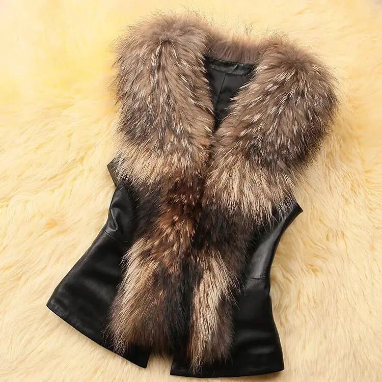 Nuove donne di inverno gilet di pelliccia femminile gilet di pelle PU 2026 nuove signore in pelle PU splicing collo di pelliccia di volpe sintetica giacca senza maniche