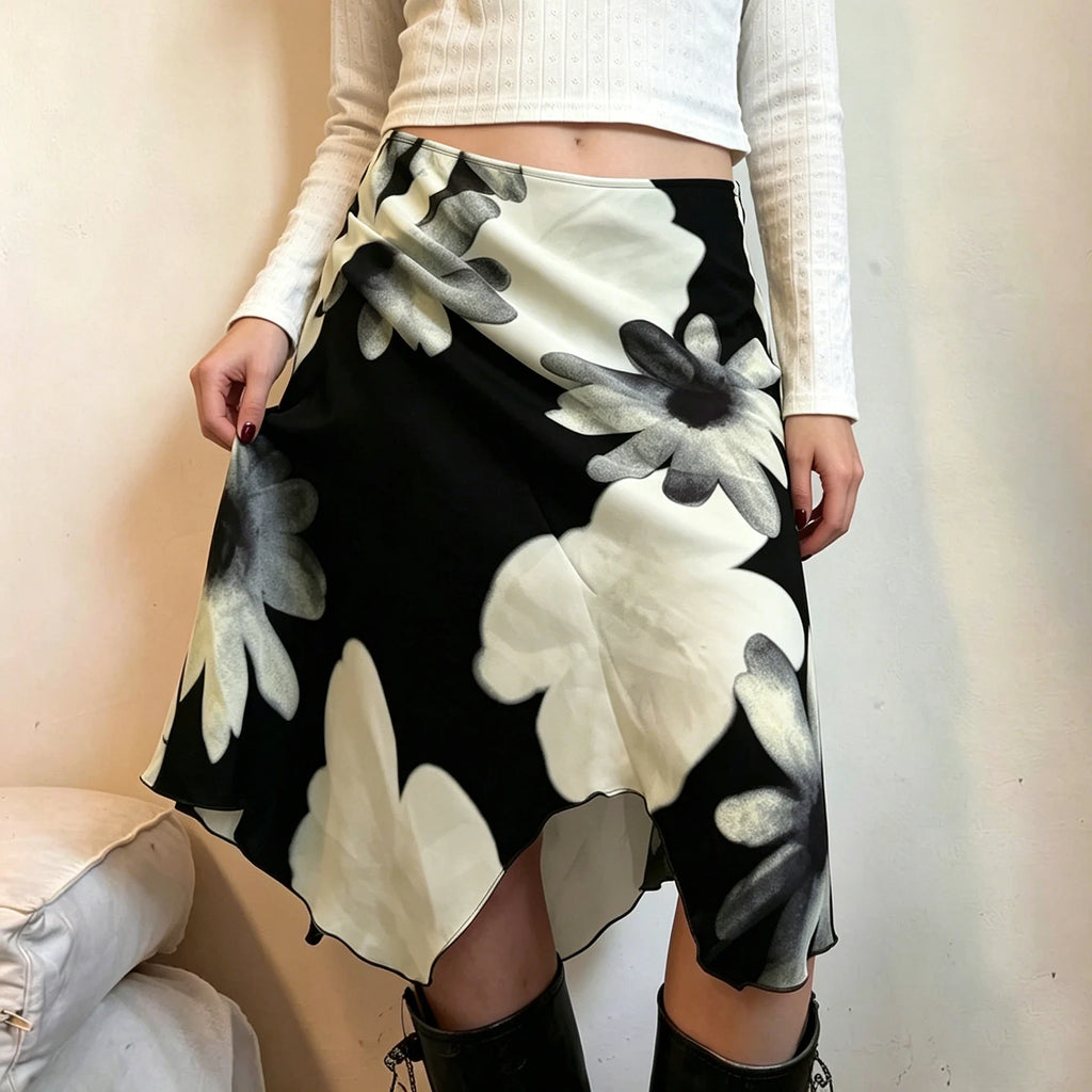 SUCHCUTE Y2K Stampa floreale Maglia Gonna asimmetrica Donna Vita bassa Midi A-line Gonne Estetica 2000s Abbigliamento Estate Outfit 2026
