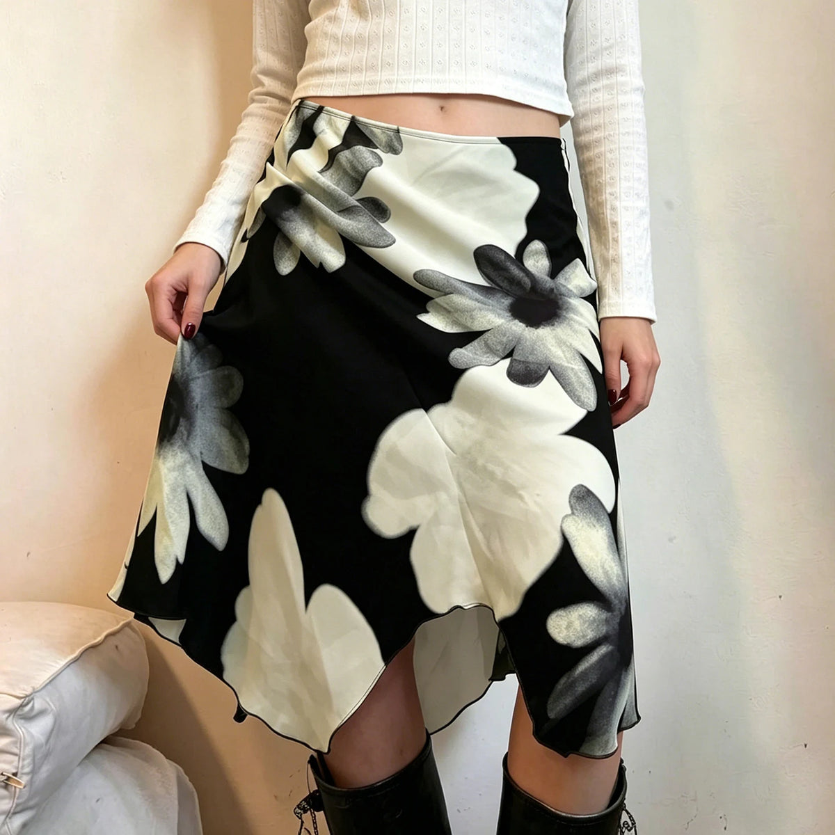 SUCHCUTE Y2K Stampa floreale Maglia Gonna asimmetrica Donna Vita bassa Midi A-line Gonne Estetica 2000s Abbigliamento Estate Outfit 2026