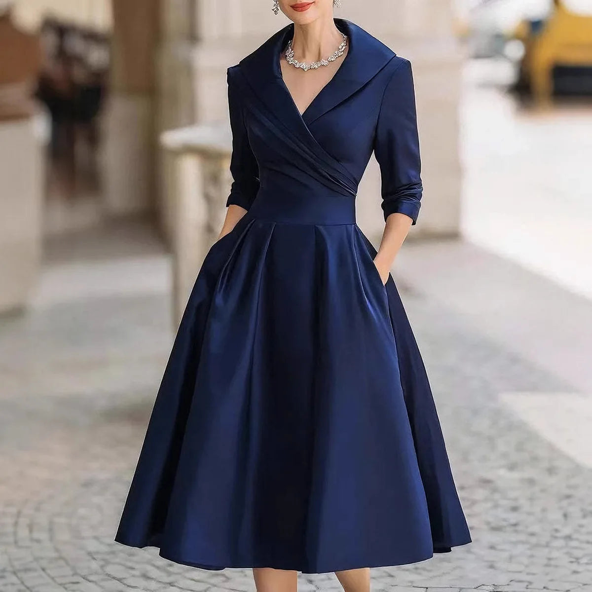 Office Lady Slim A-Line Dress Donna 2025 Autunno Inverno Moda Manica lunga Colletto rovesciato Abiti maxi Abiti eleganti
