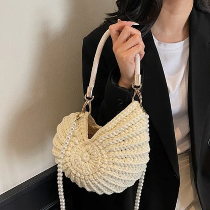 Borse a tracolla da donna all'uncinetto a forma di conchiglia creativa Divertenti catene di perle carine Borsa a tracolla in tessuto fatto a mano Novità piccole borse