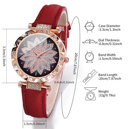 5 pz/set moda donna orologio quadrante fiore orologi al quarzo cinturino in pelle orologi da polso Set di gioielli con strass (senza scatola)