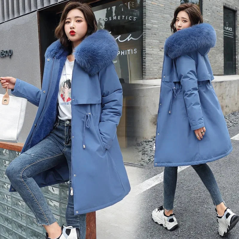 Giacca Invernale 2026 Nuova Parka da Donna Cappotto Lungo con Fodera in Lana Giacca con Cappuccio Collo in Pelliccia Spessa e Calda Abbigliamento da Neve Parka Imbottito 6XL