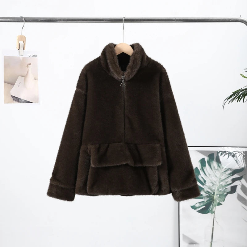 Cappotto da donna in pelliccia sintetica marrone con cappuccio Giacca da tasca a maniche lunghe di lusso oversize Lady 2025 Autunno Inverno Chic Street Capispalla