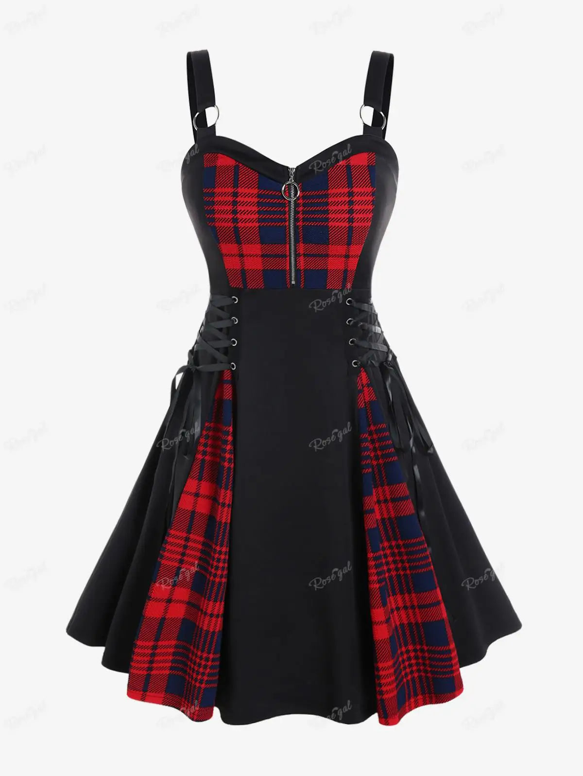 Abito casual da donna taglie forti, modello svasato con lacci, stampa a quadri colorblock, mezza cerniera e patchwork