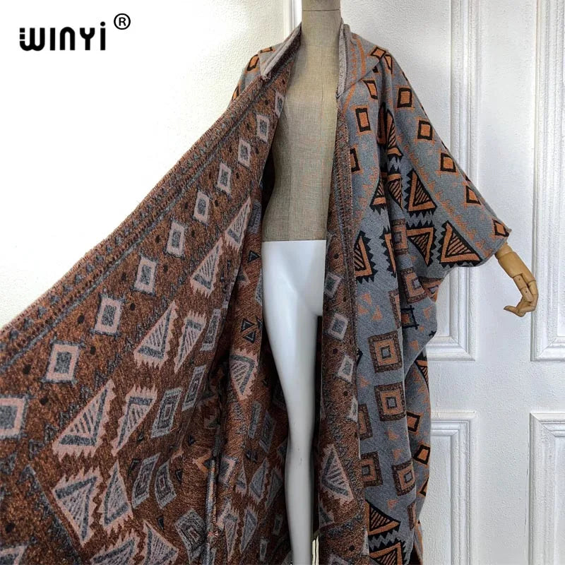 WINYI Winter cardigan outfit donna boho holiday dress stampa spessa calda femminile kaftan maxi dress Hooded mop coat fashion Abaya