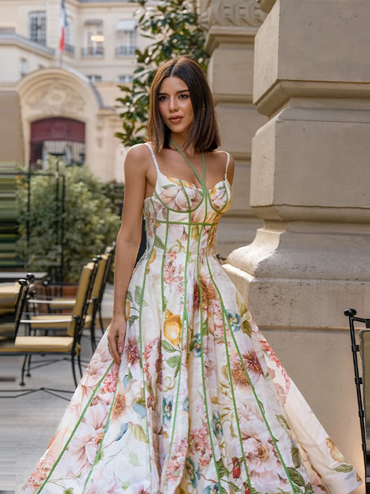 Elegante Abito Midi Stampato da Donna con Collo a O, Maniche Corte a Sbuffo, Vita Alta e Pieghe - Vestito Femminile Chic Nuovo 2026 per Matrimoni