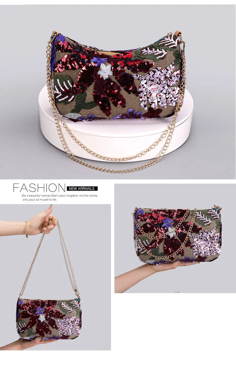 Borse a tracolla da donna con ricamo floreale carino Catene con paillettes alla moda Borsa a tracolla Borsa da spiaggia casual estiva Borsa e portamonete Hobos
