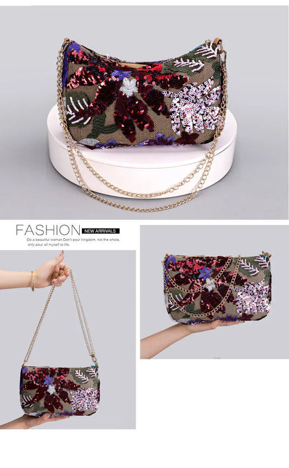 Borse a tracolla da donna con ricamo floreale carino Catene con paillettes alla moda Borsa a tracolla Borsa da spiaggia casual estiva Borsa e portamonete Hobos
