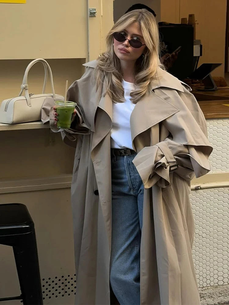 Trench lungo con lacci solido Moda donna Manica intera Risvolto monopetto Capispalla allentato Lady Autunno Cappotto Highstreet quotidiano