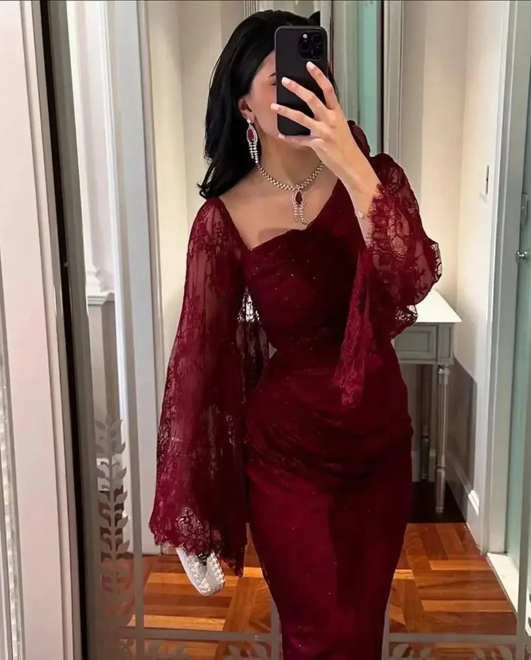Abito da cerimonia da donna rosso vino tinta unita elegante casual alla moda sottile in pizzo alla caviglia primavera americana europea nuova moda