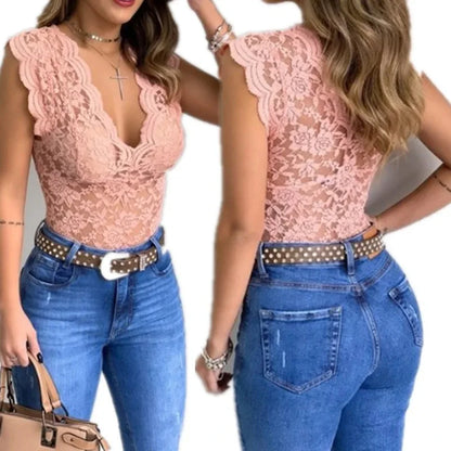 Débardeur d'été sexy en dentelle à col en V pour femmes, gilet de couleur unie, débardeur sans manches, t-shirt élégant et moulant avec broderies florales pour le club
