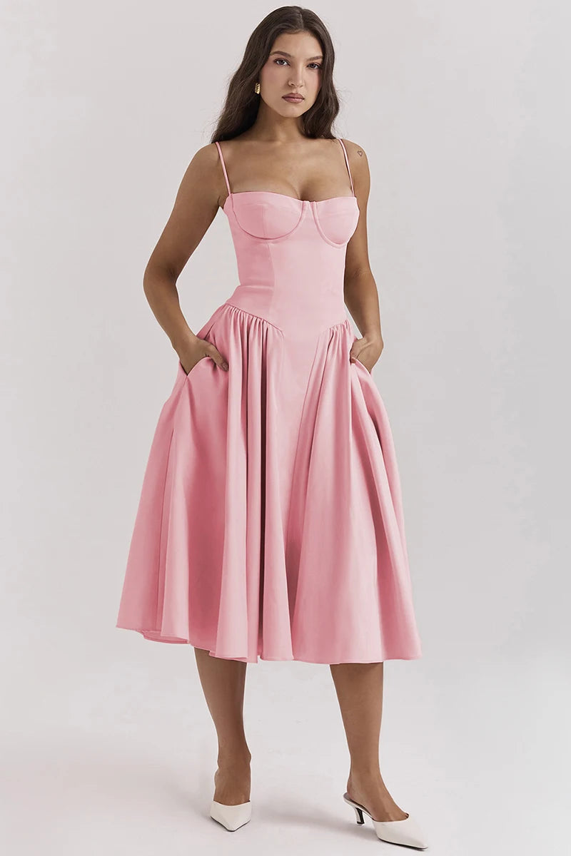 Elegante abito longuette con cinturino per spaghetti da donna Party Slim A Line Solid Bretelle Abiti da donna Nuova moda primavera estate Abiti sexy