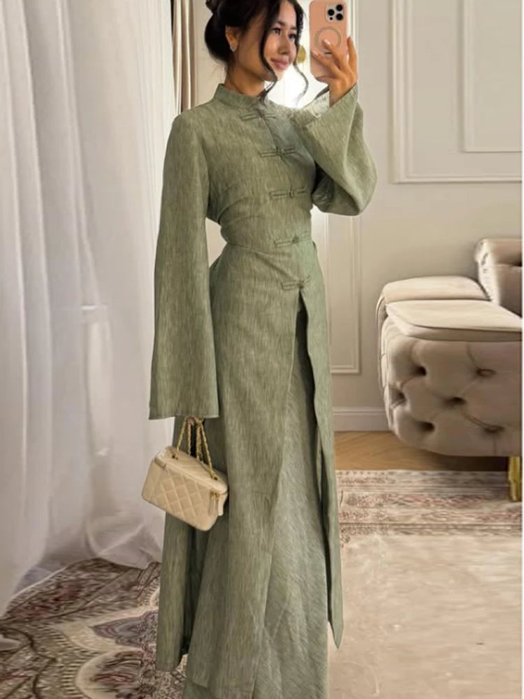Abito Lungo Orientale da Donna, Set Elegante Minimalista con Colletto Rialzato, Bottoni Annodati e Spacco sull'Orlo, Nuova Collezione Primavera 2026, Vestito da Sera Chic