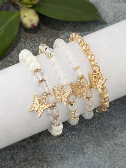 Set di braccialetti con perline a farfalla alla moda da 4 pezzi per le donne, perline acriliche rosa, braccialetto a catena elastica, regalo di gioielli per feste bohémien femminili