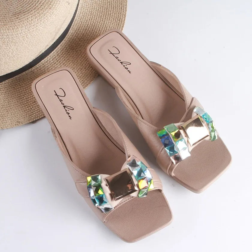 Claques d'été une pièce, nouvelles sandales de plage tendance à strass de couleur unie, chaussures plates décontractées pour femmes