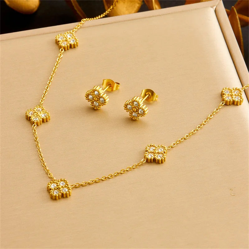 Nuovo in acciaio inossidabile Zircon fiore acqua goccia collana braccialetto orecchini caviglie gioielli di moda vacanza set per donna