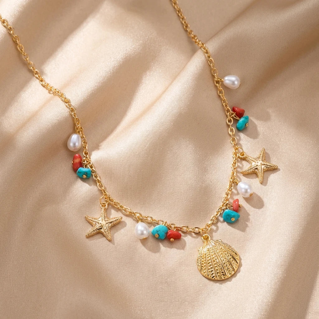 Collier coquillage pour femmes, design de mode, étoile de mer, perle, pendentifs multiples, chaîne clavicule, bijoux d'été