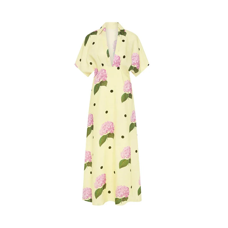 Abito da donna stampato a fiori casual Abito lungo femminile allentato a maniche corte con scollo a V profondo 2025 Primavera Estate Nuova moda Lady Robe