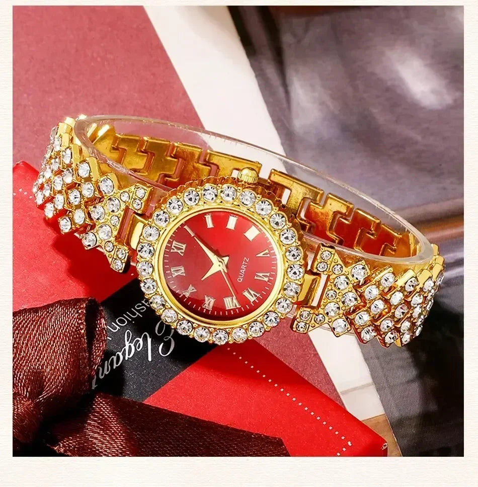 Orologio di lusso dorato da donna anello collana orecchino strass moda orologio da polso Casual da donna bracciale orologi Set di gioielli