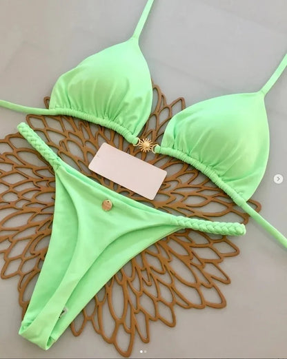 Summer Print Sexy Bikini Sets Halter Lace-up Tops Thongs Beach Style Bathing Suit Y2k Swimsuits Women Beachwear Fashion New