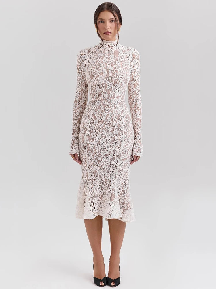 Abito longuette sexy a maniche lunghe in pizzo Mozision per donna Elegante abito lungo sexy da festa aderente a vita alta con collo a metà alto bianco