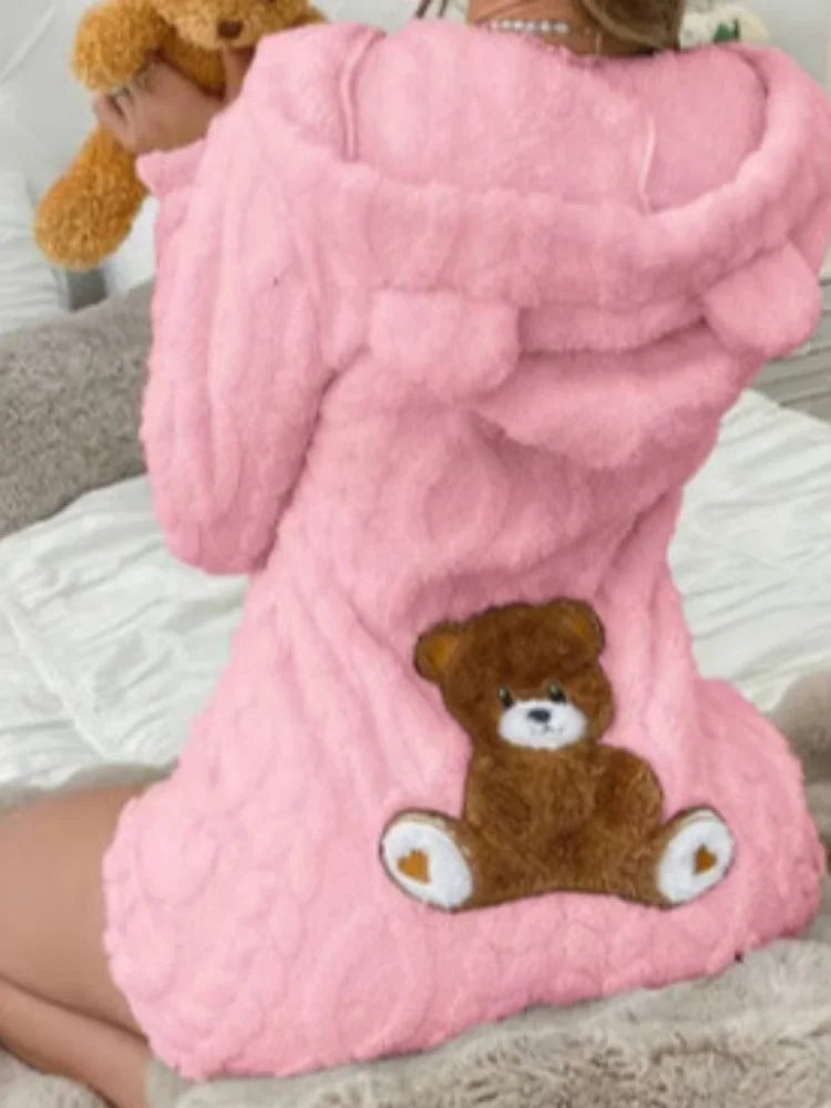 Tuta Corta Calda con Motivo Orsetto Cartoon Trendy, in Peluche e Flanella con Cappuccio, per Donna, Nuova Collezione Autunno Inverno, Outfit Comodo