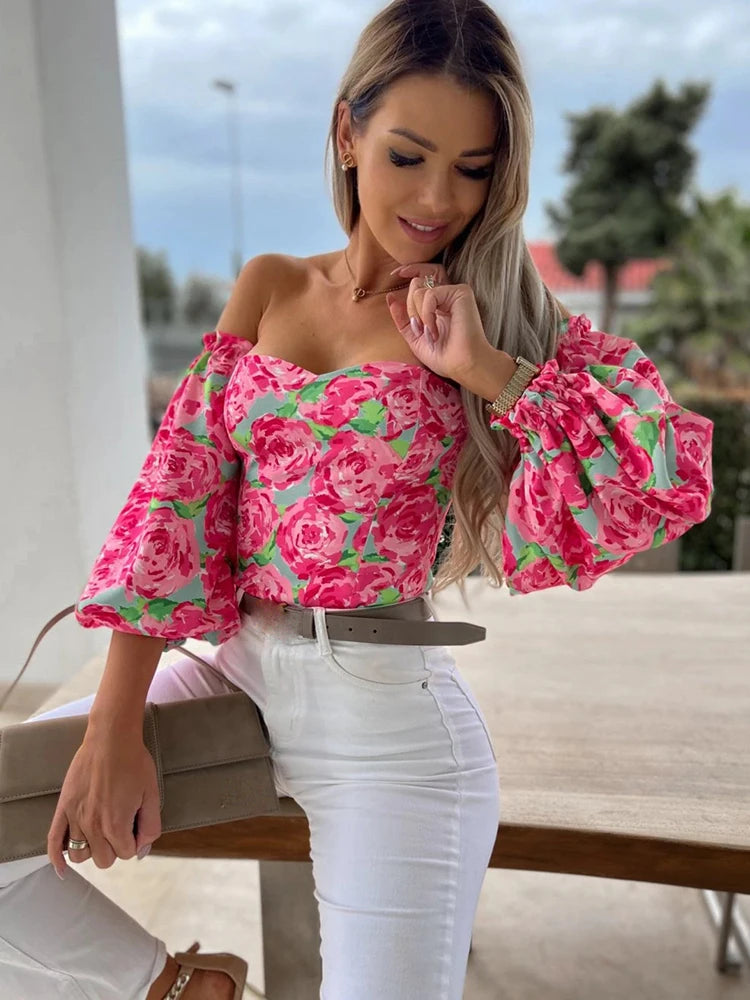 Boho Sexy Damen Top Sommer schulterfrei florale Blusen Damen lässige rückenfreie Bluse weibliche Urlaub Slash-Neck Tops Kleidung