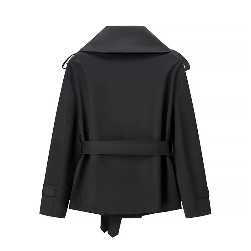 Trench con lacci con risvolto solido per le donne Moda maniche lunghe spalla larga cappotto corto allentato 2025 Nuovo autunno pendolari Outwear