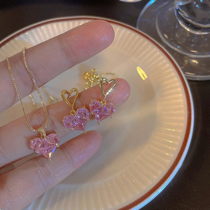 3 pezzi alla moda Y2k a forma di cuore zircone orecchini pendenti in cristallo rosa collane set per le donne cuore elegante squisito gioielli da festa