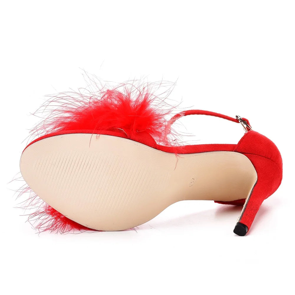 Sexy Feather High Heel Sandals Women's European  American Large 46 Fish Mouth High Heel Sandals Women Shallow Mouth Women's Shoe