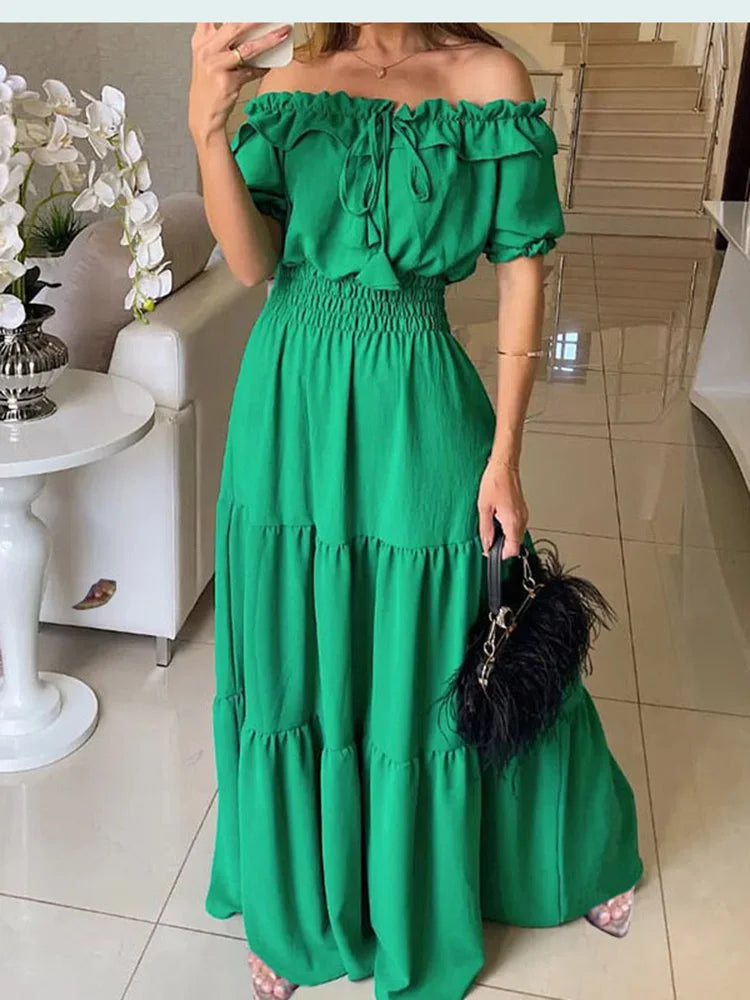2025 Abito estivo Boho solido Moda donna Elegante abito da festa in spiaggia Casual Slash Neck Office Maxi abiti per donna Robe Femme