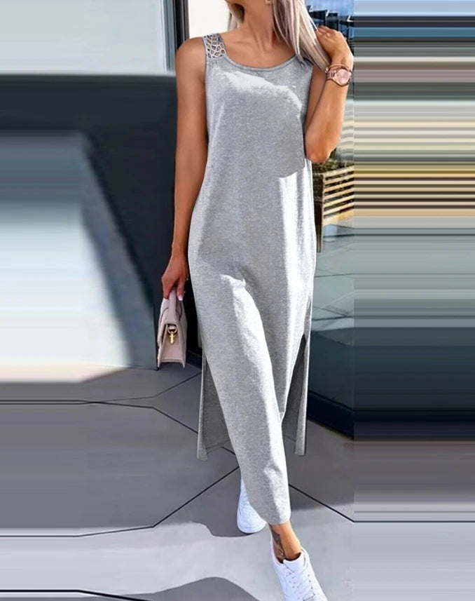 Abiti da donna 2024 Moda estiva con spacco scavato Casual tinta unita girocollo senza maniche abito dritto quotidiano a metà polpaccio