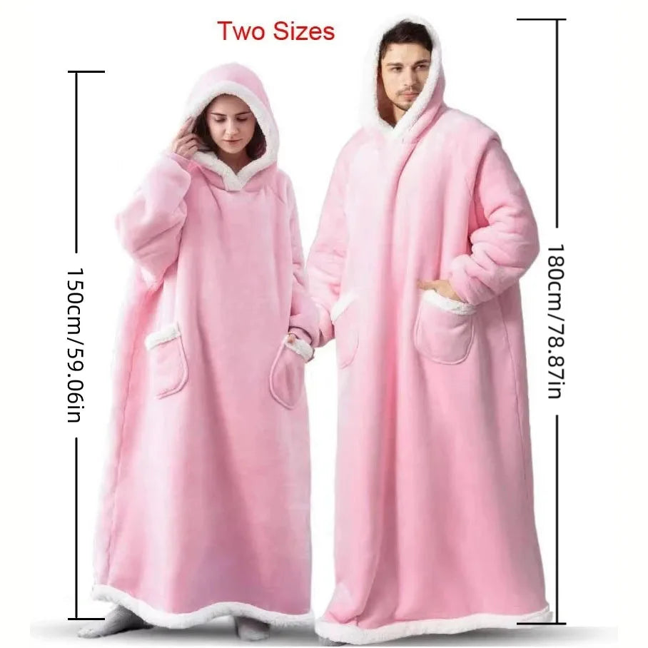 Accappatoio invernale da donna in flanella, extra lungo, con cappuccio e tasche verticali, coperta morbida e foderata in pile, ideale per rilassarsi davanti alla TV.