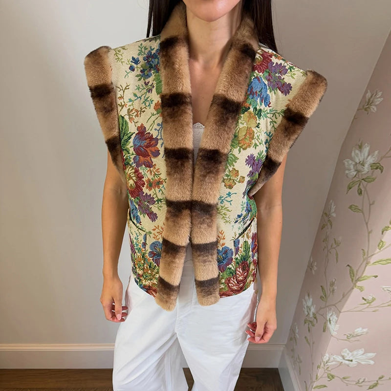 Gilet senza maniche modello Paisley vintage da donna con finiture in pelliccia di procione Gilet moda Capispalla 2025 Autunno Inverno Streetwear
