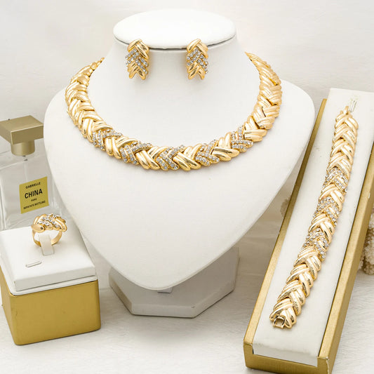 Ensemble de bijoux de Dubaï pour femme plaqué or 18 carats Collier boucles d'oreilles bracelet et bague de luxe Ensemble de bijoux tendance pour mariage et fête