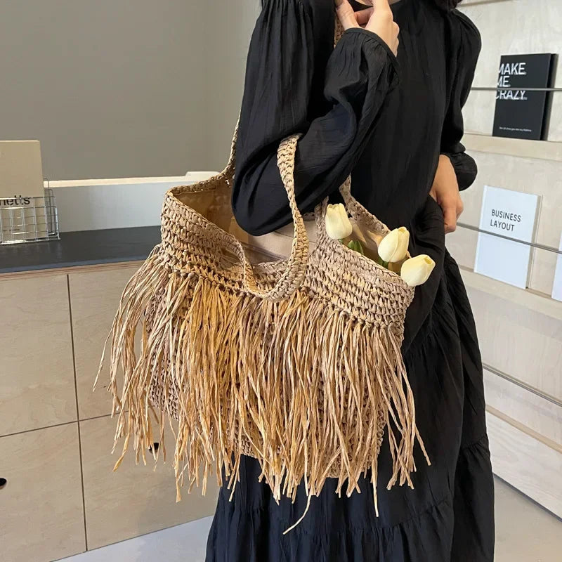 Borse a tracolla da donna in tessuto con nappe casual Borse da donna con frange fatte a mano Borsa tote grande da spiaggia estiva Borsa shopper grande per le vacanze