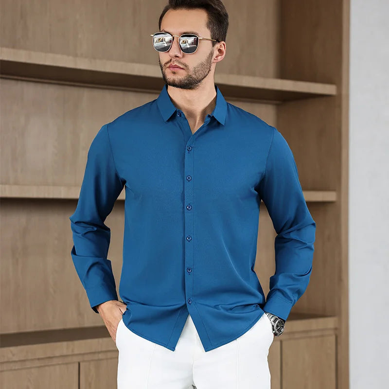 Camicia da uomo in tinta unita a maniche lunghe casual da lavoro nuova, resistente alle rughe, comoda e versatile per tutte le stagioni
