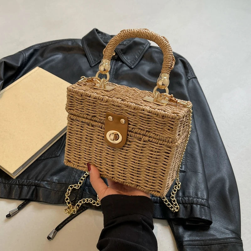 Borsa a tracolla in paglia di rattan Borsa a tracolla intrecciata a mano da donna Borsa a tracolla in paglia con scatola quadrata da spiaggia estiva per signora Bolsa Feminina