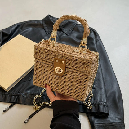 Borsa a tracolla in paglia di rattan Borsa a tracolla intrecciata a mano da donna Borsa a tracolla in paglia con scatola quadrata da spiaggia estiva per signora Bolsa Feminina