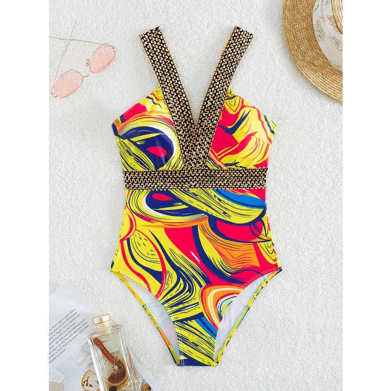 Vintage Print V Neck One Piece Swimsuit Women Sexy Backless High Waist Bodysuits Bikinis 2026 New Summer Vacation Bathing Suit